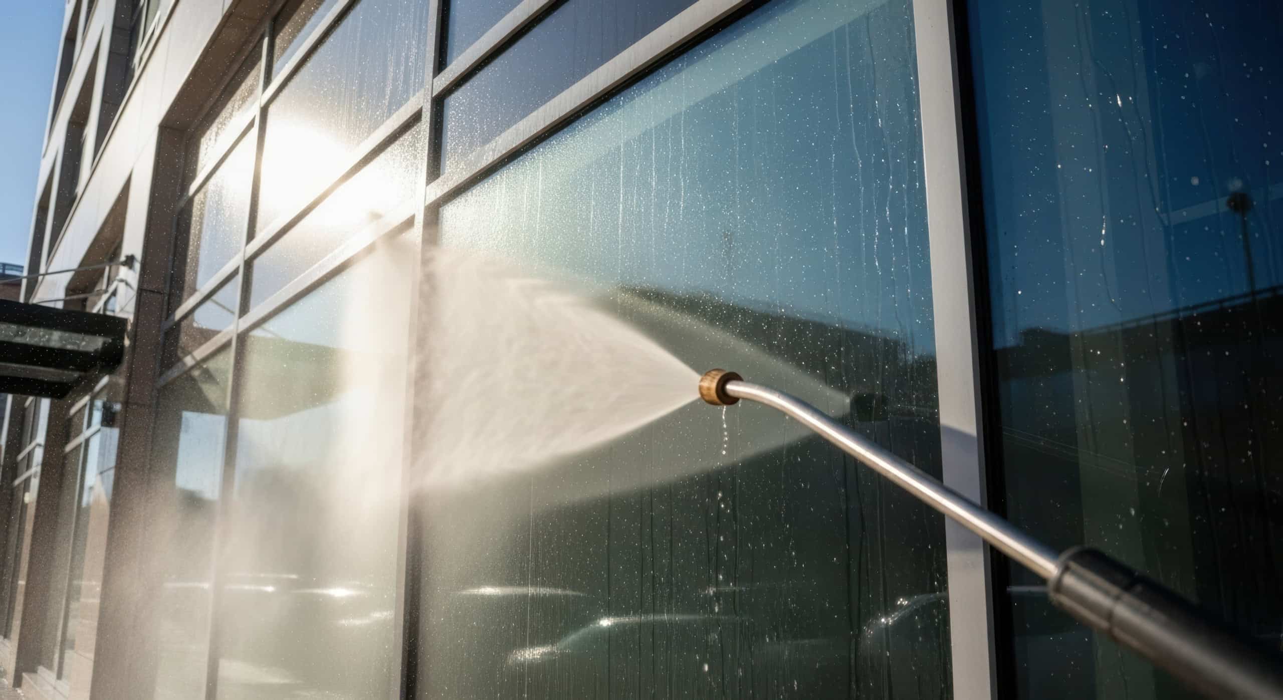 Wide-angle shot of pressure washer cleaning storefront windows with sunlight reflections and clear blue sky Pressure Washing